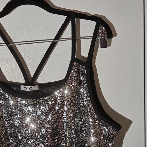 Silver Sequin Multistrap Long Tank Sz XL Sparkle New Years Holiday Stretch - Picture 5 of 10